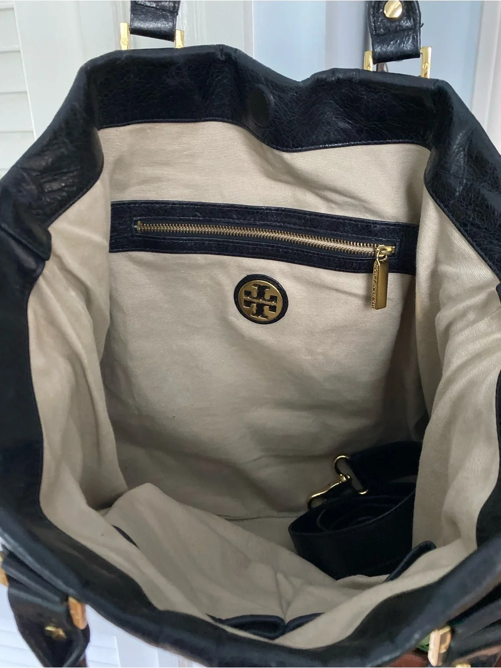 Tory Burch Black Leather Tote with Gold Emblem